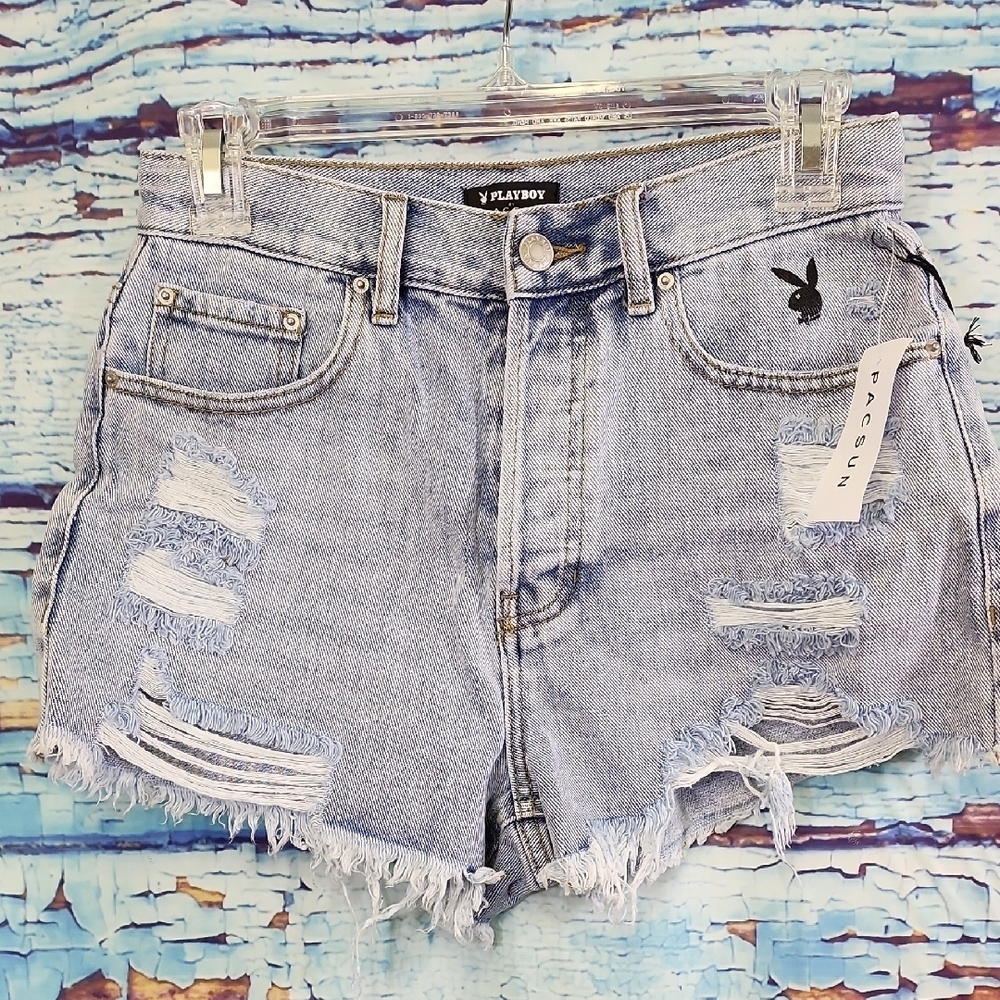 PLAYBOY PACSUN Ripped Light Blue Jean Shorts SIZE 26